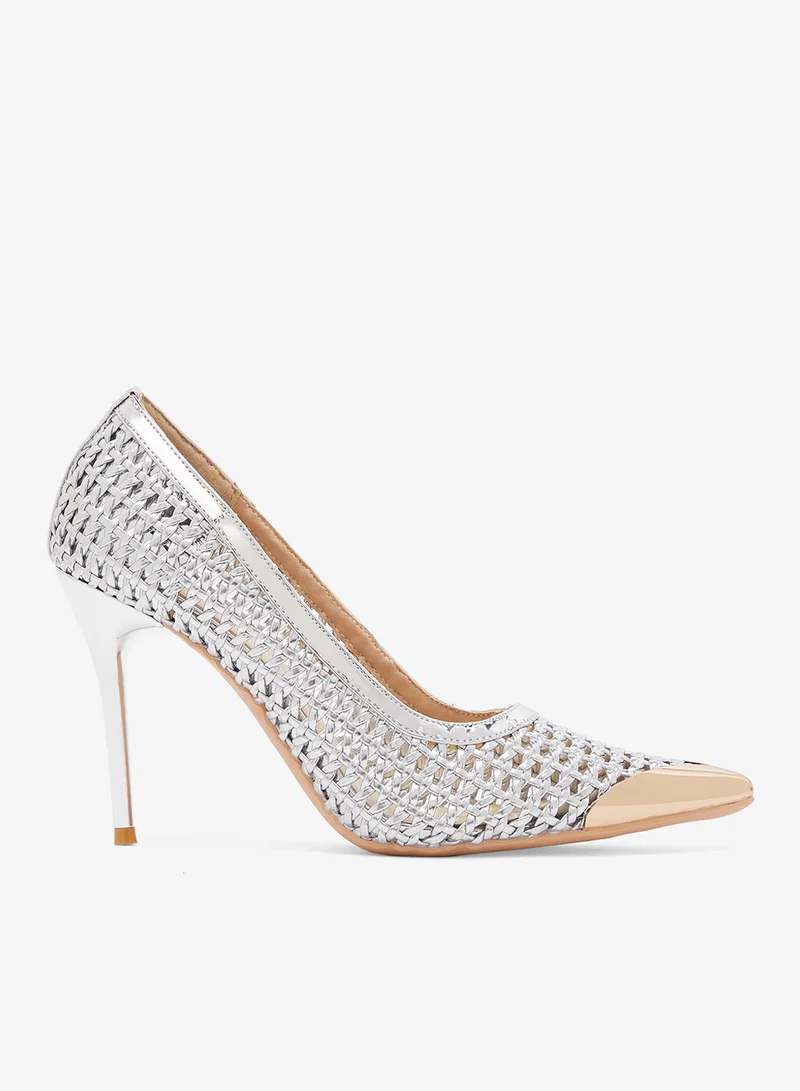 Net Metallic Pump Silver Stiletto High Heel With Gold Accent